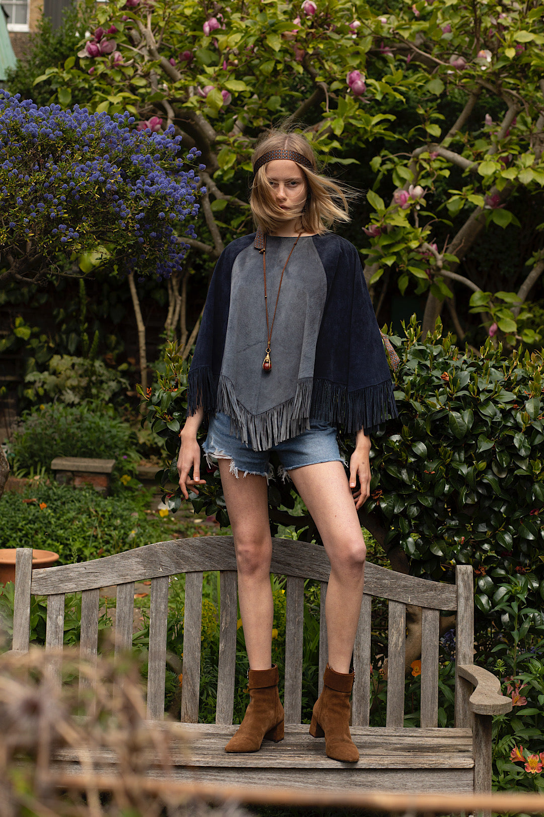 Blue Two-Tone Suede Poncho