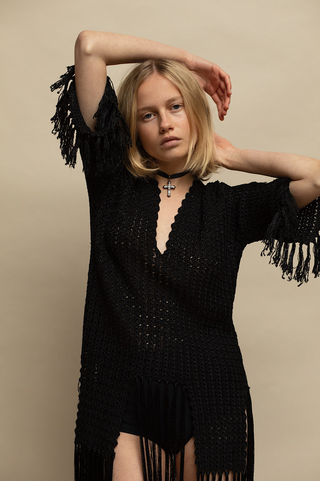 Black Fringed Silk Knit Dress