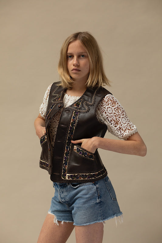 Embroidered Leather Waistcoat